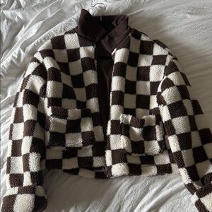 Checkerboard Teddy Jacket in Brown & Cream